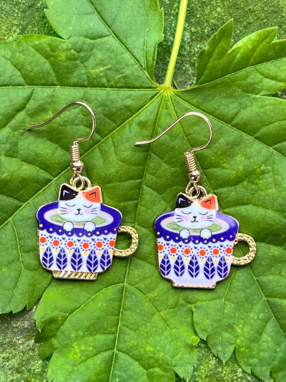 Coffee Cup Kitten Enamel Drop Earrings Colorful | Handmade - Picture 4 of 5